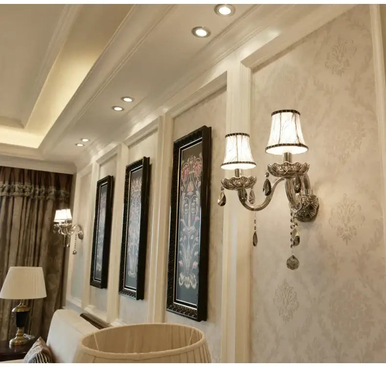European style silver wall lamp with smoke grey crystal droplets and lace-like lampshades for bedroom decorbites crystal wall