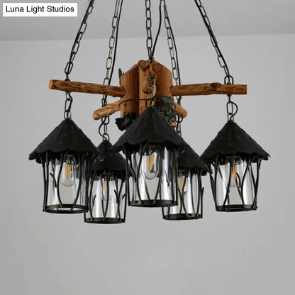 Evelyn - Restaurant Black Lantern Chandelier Factory Style Clear Glass 5 Heads Restaurant Pendant Lighting Fixture with Wood Branch Beam