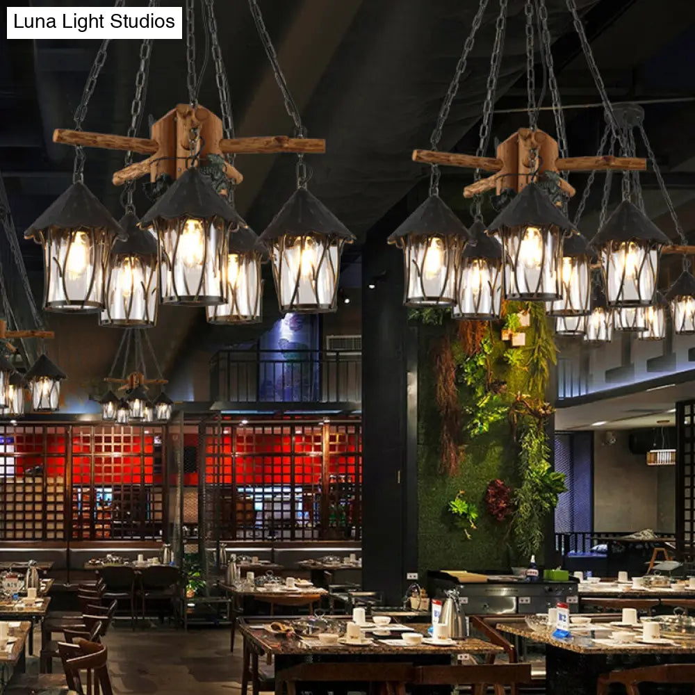 Evelyn - Restaurant Black Lantern Chandelier Factory Style Clear Glass 5 Heads Restaurant Pendant Lighting Fixture with Wood Branch Beam