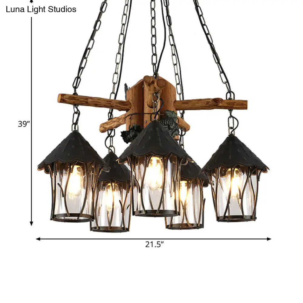 Evelyn - Restaurant Black Lantern Chandelier Factory Style Clear Glass 5 Heads Restaurant Pendant Lighting Fixture with Wood Branch Beam