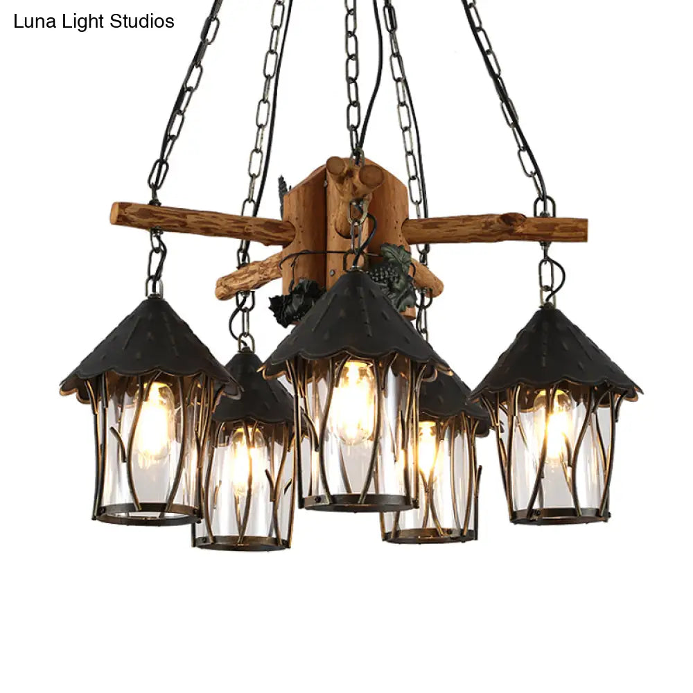 Evelyn - Restaurant Black Lantern Chandelier Factory Style Clear Glass 5 Heads Restaurant Pendant Lighting Fixture with Wood Branch Beam