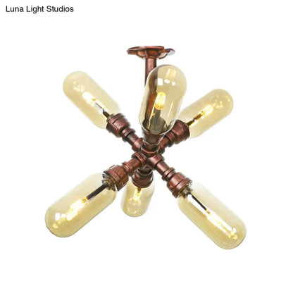 DecorBites™ DecorBites™ Evelyn's Antique Copper 4/6 Lights Ceiling Mount Rustic Style Amber Glass Sputnik Semi Flush Light.