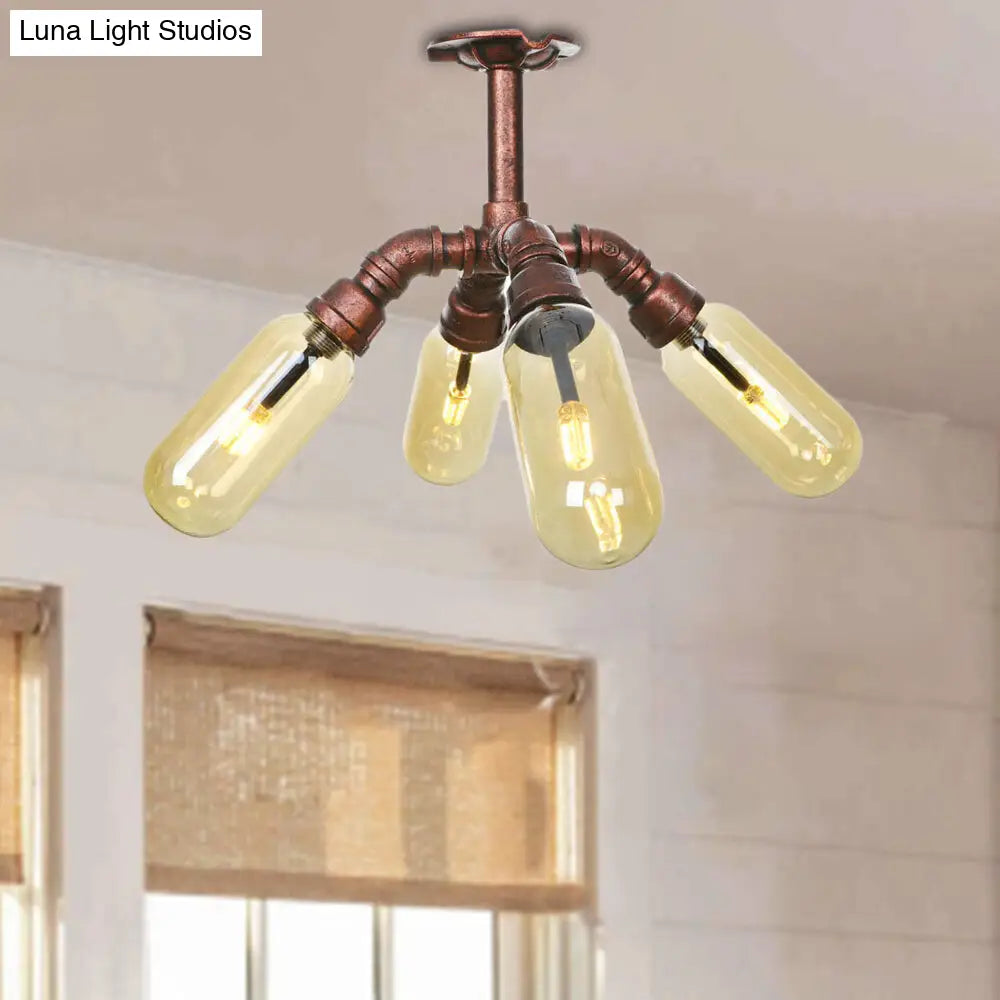 DecorBites™ DecorBites™ Evelyn's Antique Copper 4/6 Lights Ceiling Mount Rustic Style Amber Glass Sputnik Semi Flush Light.