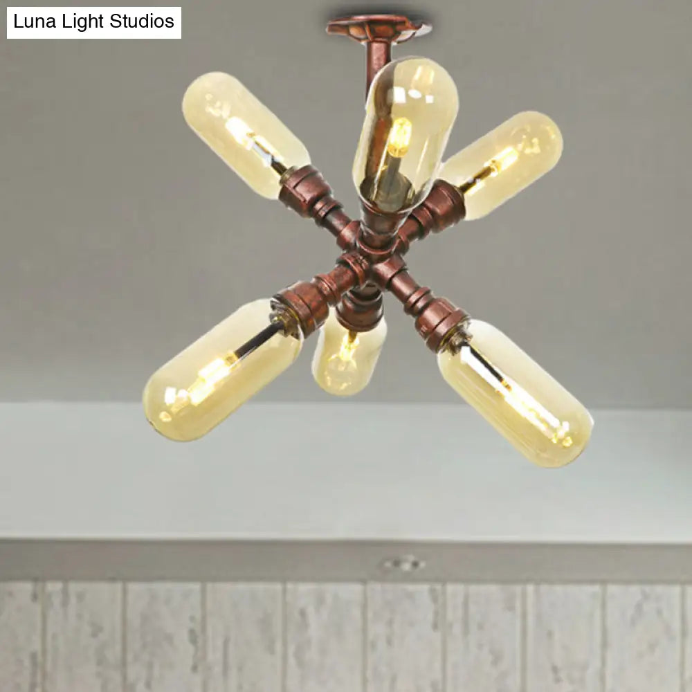 DecorBites™ DecorBites™ Evelyn's Antique Copper 4/6 Lights Ceiling Mount Rustic Style Amber Glass Sputnik Semi Flush Light.