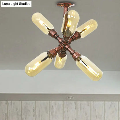 DecorBites™ DecorBites™ Evelyn's Antique Copper 4/6 Lights Ceiling Mount Rustic Style Amber Glass Sputnik Semi Flush Light.