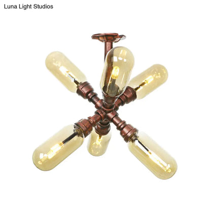 DecorBites™ DecorBites™ Evelyn's Antique Copper 4/6 Lights Ceiling Mount Rustic Style Amber Glass Sputnik Semi Flush Light.