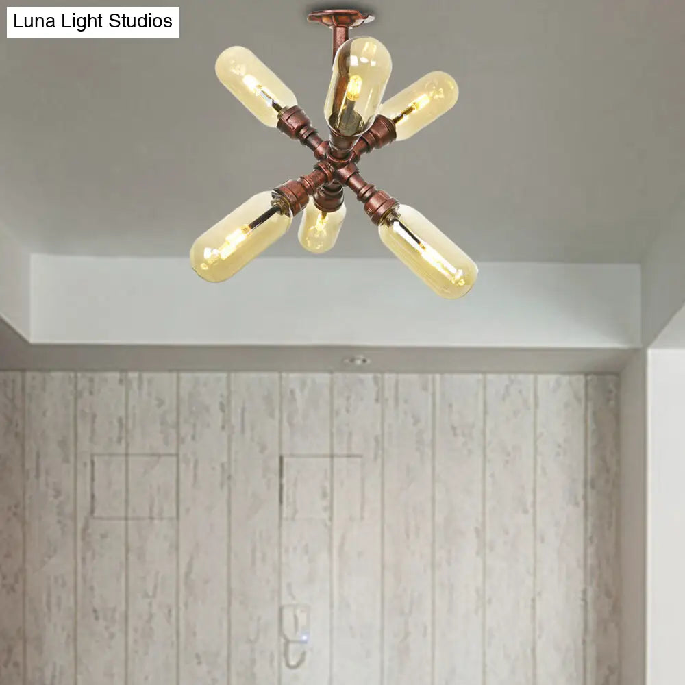 DecorBites™ DecorBites™ Evelyn's Antique Copper 4/6 Lights Ceiling Mount Rustic Style Amber Glass Sputnik Semi Flush Light.