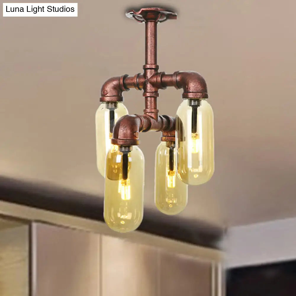 DecorBites™ DecorBites™ Evelyn's Antique Copper 4/6 Lights Ceiling Mount Rustic Style Amber Glass Sputnik Semi Flush Light.