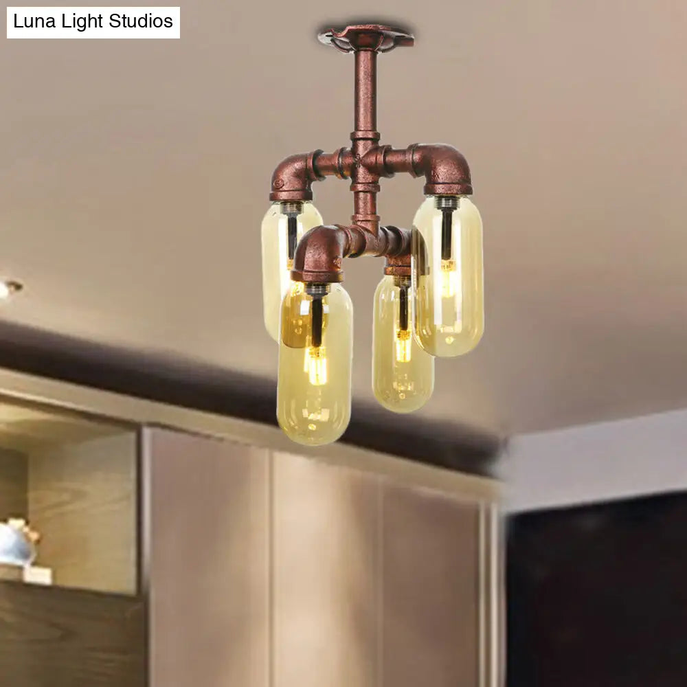 DecorBites™ DecorBites™ Evelyn's Antique Copper 4/6 Lights Ceiling Mount Rustic Style Amber Glass Sputnik Semi Flush Light.