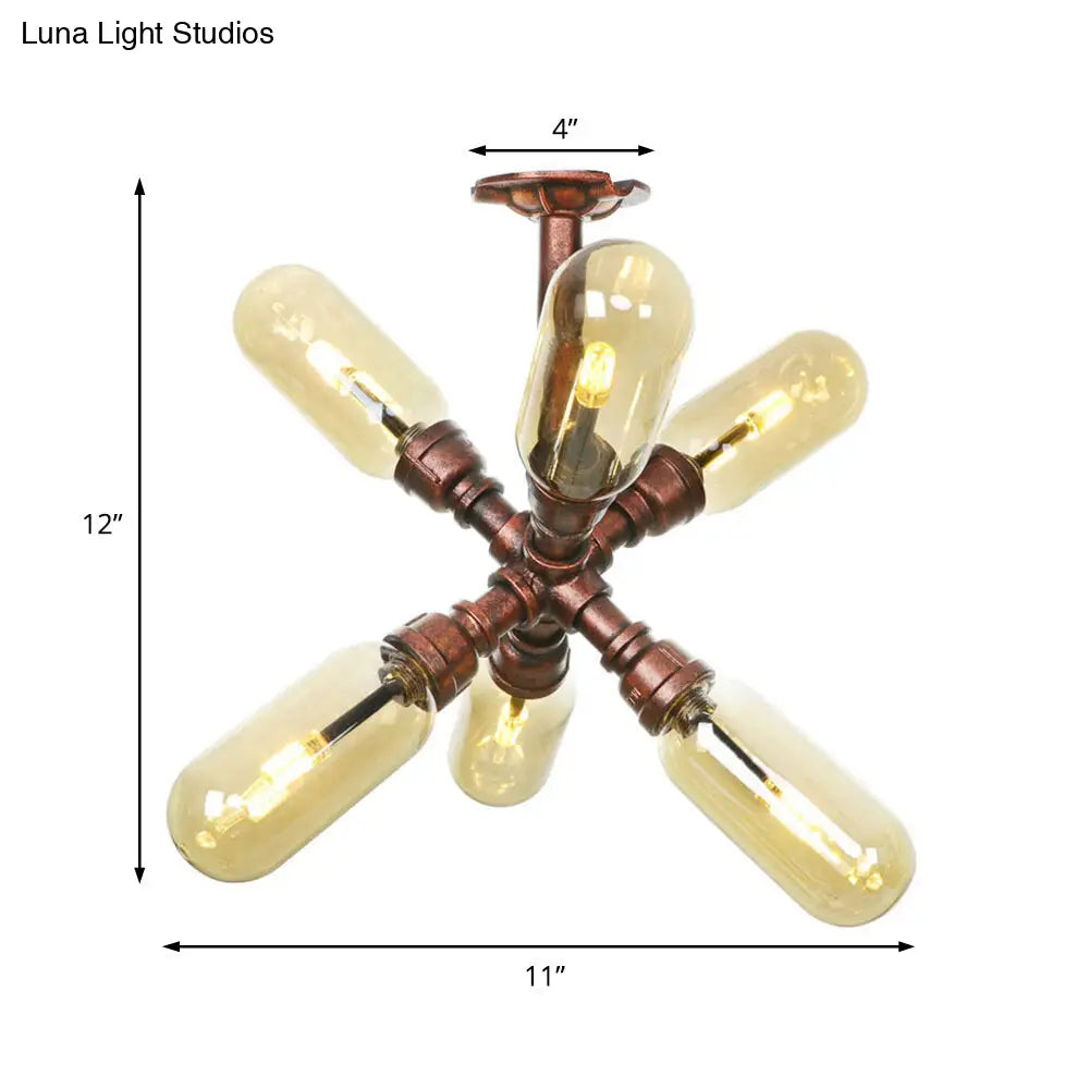 DecorBites™ DecorBites™ Evelyn's Antique Copper 4/6 Lights Ceiling Mount Rustic Style Amber Glass Sputnik Semi Flush Light.