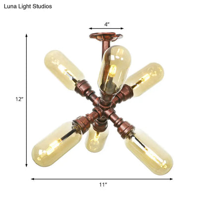 DecorBites™ DecorBites™ Evelyn's Antique Copper 4/6 Lights Ceiling Mount Rustic Style Amber Glass Sputnik Semi Flush Light.