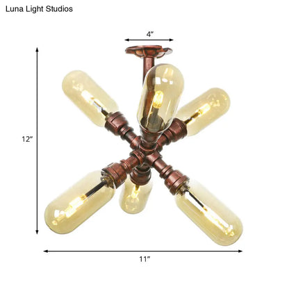 DecorBites™ DecorBites™ Evelyn's Antique Copper 4/6 Lights Ceiling Mount Rustic Style Amber Glass Sputnik Semi Flush Light.