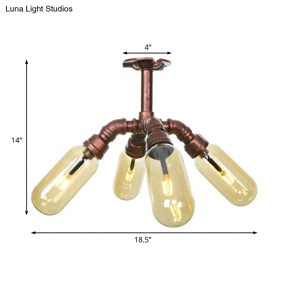 DecorBites™ DecorBites™ Evelyn's Antique Copper 4/6 Lights Ceiling Mount Rustic Style Amber Glass Sputnik Semi Flush Light.