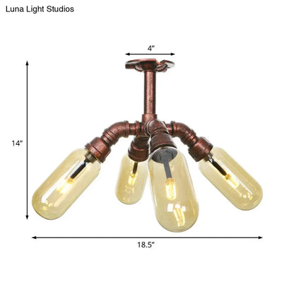 DecorBites™ DecorBites™ Evelyn's Antique Copper 4/6 Lights Ceiling Mount Rustic Style Amber Glass Sputnik Semi Flush Light.