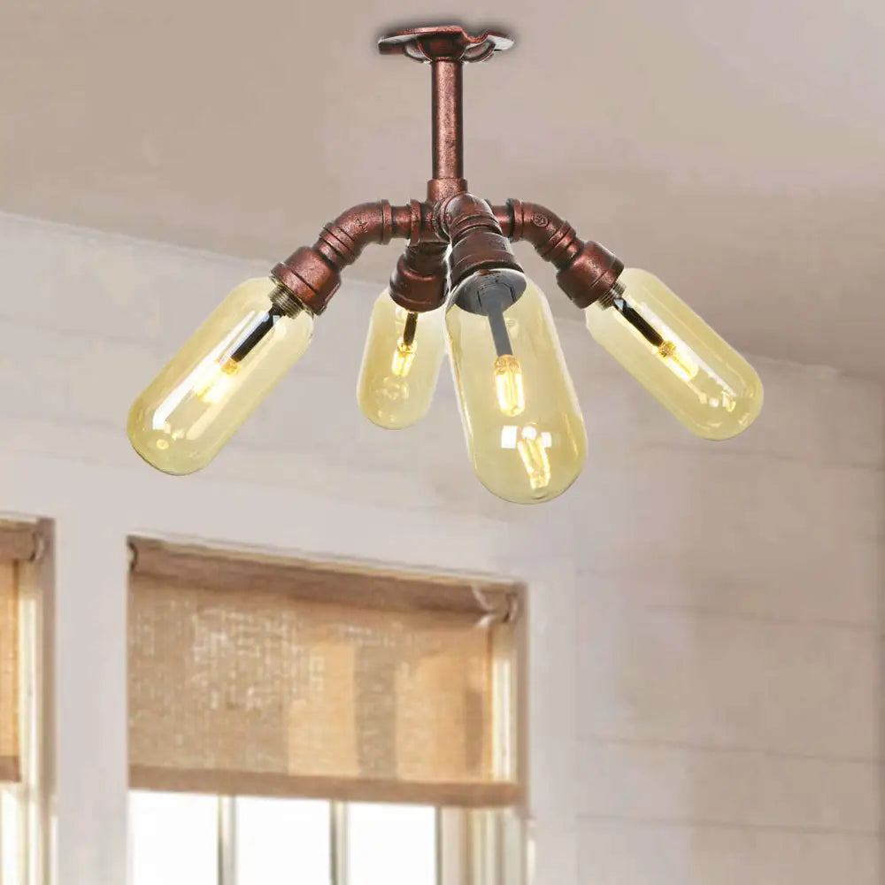 DecorBites™ DecorBites™ Evelyn's Antique Copper 4/6 Lights Ceiling Mount Rustic Style Amber Glass Sputnik Semi Flush Light.