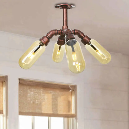 DecorBites™ DecorBites™ Evelyn's Antique Copper 4/6 Lights Ceiling Mount Rustic Style Amber Glass Sputnik Semi Flush Light.