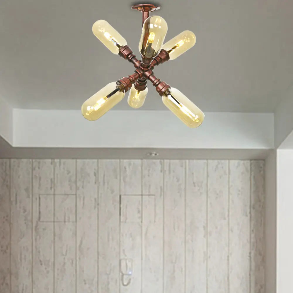 DecorBites™ DecorBites™ Evelyn's Antique Copper 4/6 Lights Ceiling Mount Rustic Style Amber Glass Sputnik Semi Flush Light.