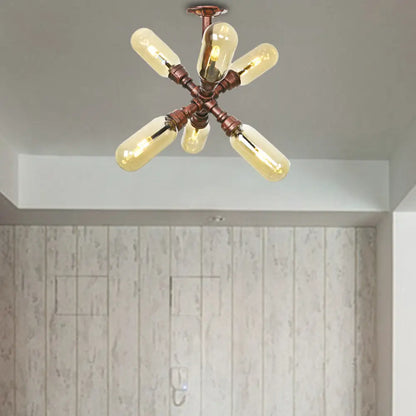 DecorBites™ DecorBites™ Evelyn's Antique Copper 4/6 Lights Ceiling Mount Rustic Style Amber Glass Sputnik Semi Flush Light.