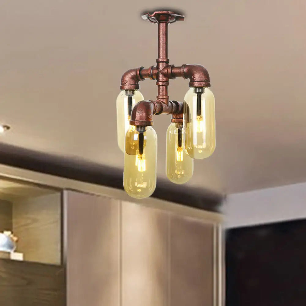 DecorBites™ DecorBites™ Evelyn's Antique Copper 4/6 Lights Ceiling Mount Rustic Style Amber Glass Sputnik Semi Flush Light.