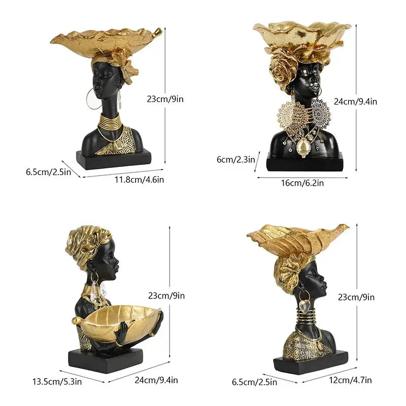 Black african woman resin figurines with gold ornate headpieces and bowl-shaped tops for living room decor