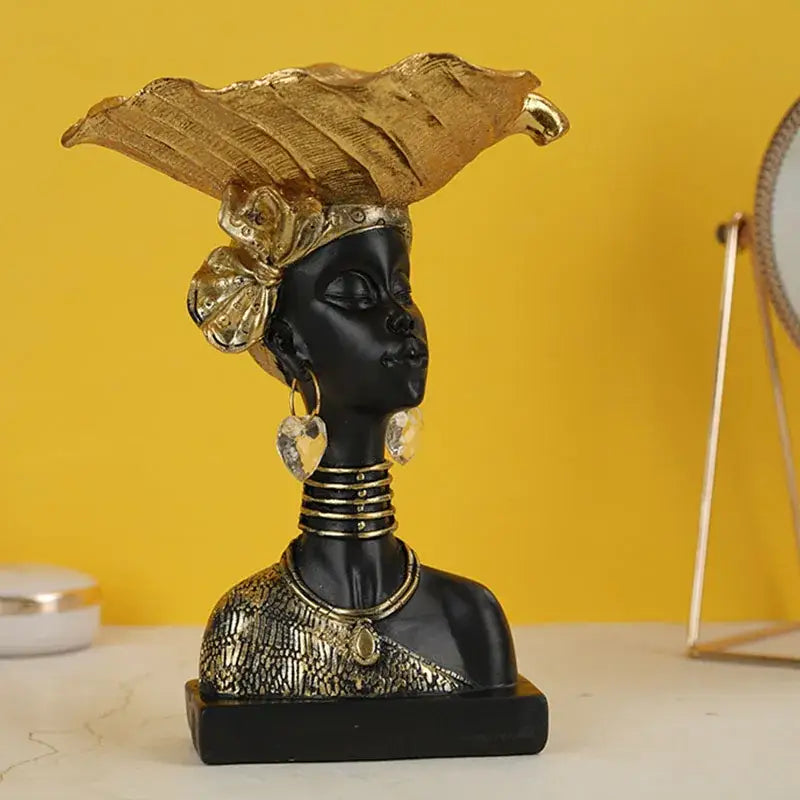 Black african woman resin bust sculpture with gold leaf headdress and jewelry for living room decor storage
