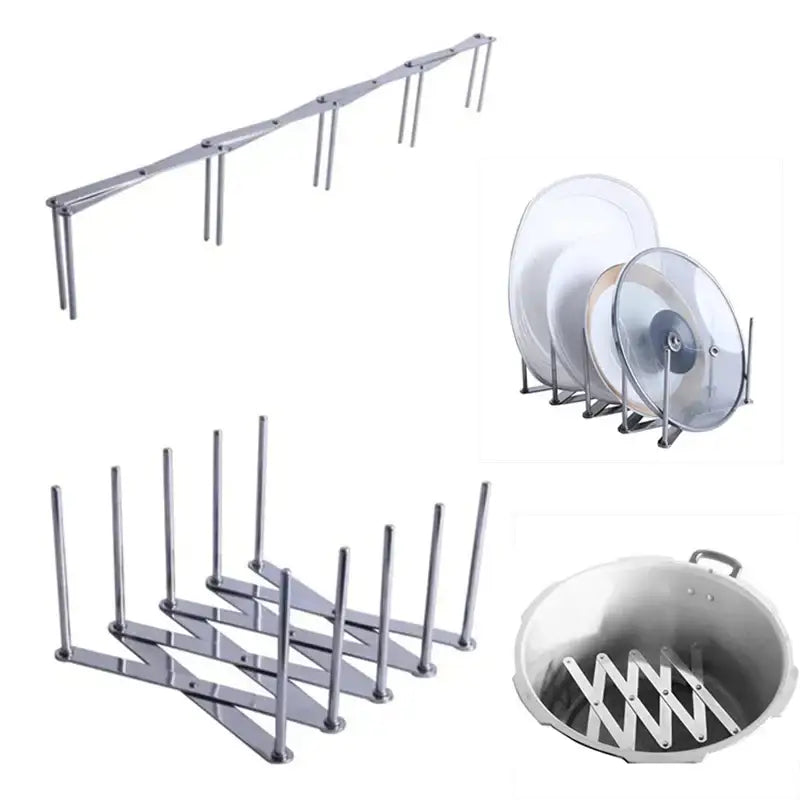 Expandable black stainless steel dish drying holder with silver foldable zigzag metal pot and pan rack design