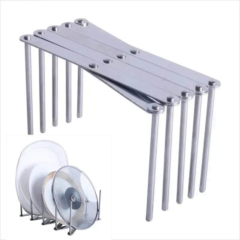 Expandable black stainless steel foldable dish drying holder with vertical rods and horizontal support bars for kitchen use