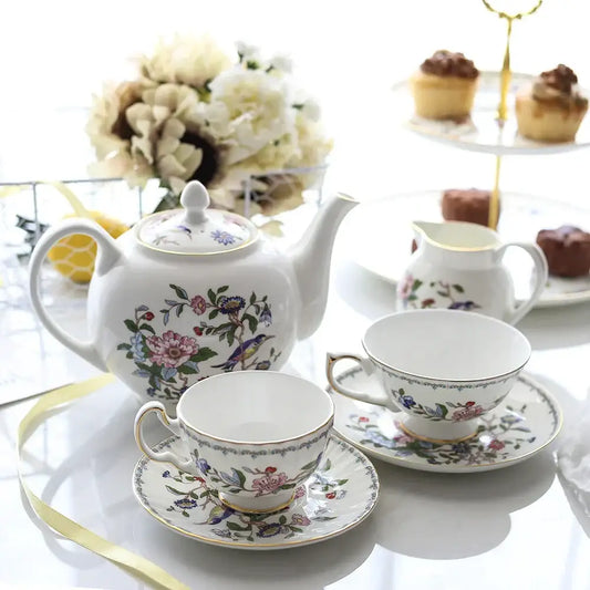 Exquisite floral porcelain coffee set with pink blue green bird motifs and gold trim ideal for dining room decorbites tea