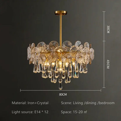 Elegant gold-toned crystal chandelier with delicate flower and teardrop accents an exquisite piece for living rooms
