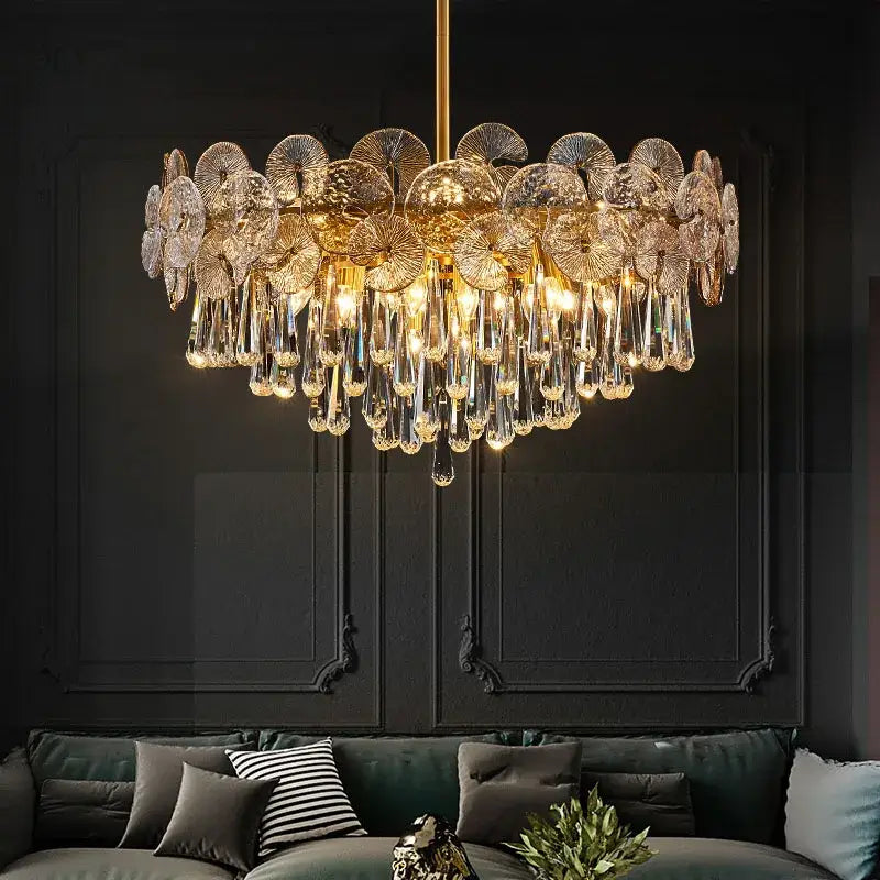 Exquisite golden fan crystal chandelier with intricate glass discs and crystal teardrops for living room spaces