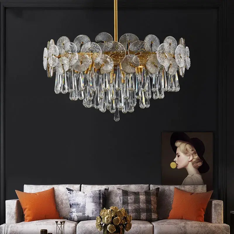 Exquisite golden fan crystal chandelier with a gold frame and glass dandelion discs for living room spaces