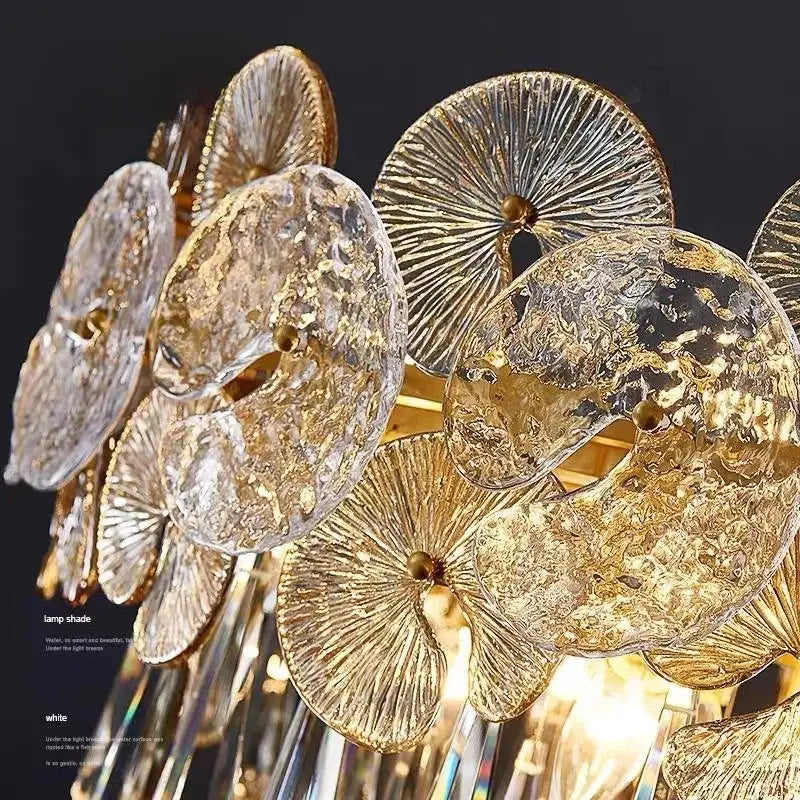 Exquisite golden fan crystal chandelier with clear glass lampshade featuring intricate fan-like patterns for living rooms