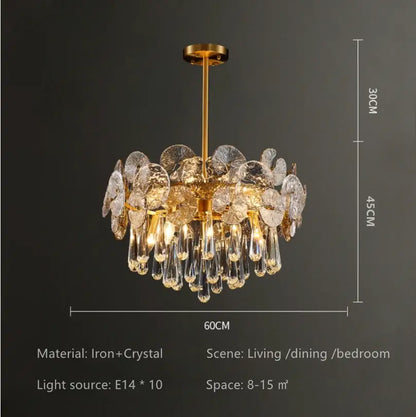 Exquisite piece crystal chandelier with gold-toned fan design and crystal leaf teardrop accents for living room spaces