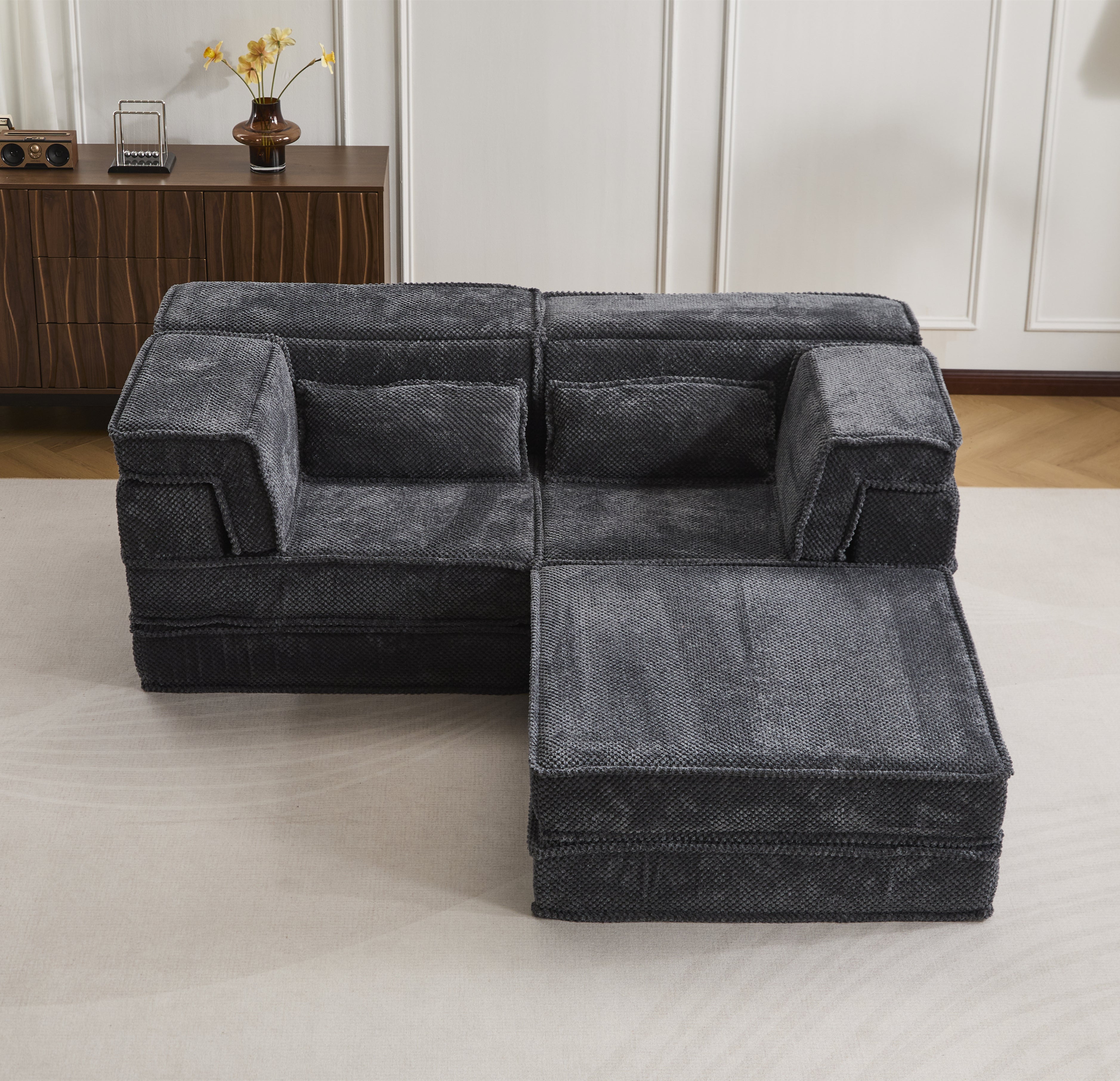 Sofá Mahjong de Compresión, Sofá Cama Convertible para el Suelo, Sofá Seccional Modular sin Huesos DIY, Sin Ensamblaje Requerido, Tela de Lana de Círculo, Dos Plazas Sobredimensionado con 1 Otomana, Gris Oscuro
