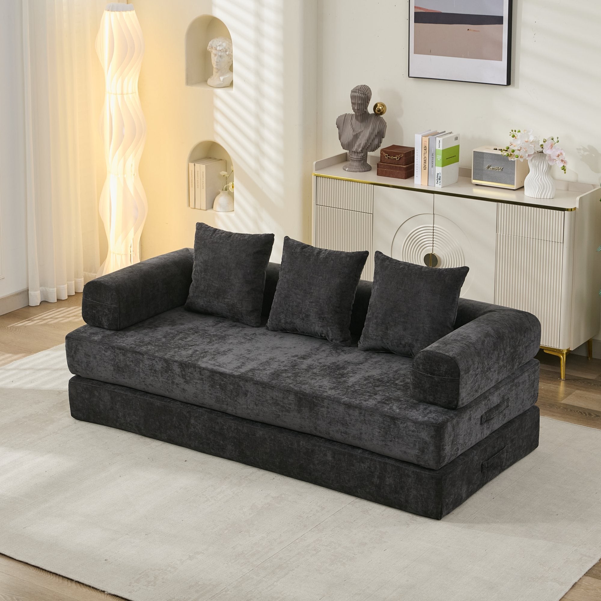Sofá Cama Plegable Convertible Cómodo, Sofá Cama de Suelo, Sofá de Suelo de Chenille con Reposabrazos, Sofá Lounge de Suelo para Sala de Estar, Dormitorio, Lounge o Estudio-Negro