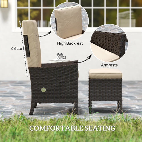 Outsunny 5-teiliges Rattan-Gartenmöbel-Set, Flechtpatio-Sofaset mit 2 Sesseln, 2 Fußschemeln, Couchtisch mit Glasplatte und Regal, Außenmöbel mit verstellbaren Rückenlehnen, Kissen, Khaki