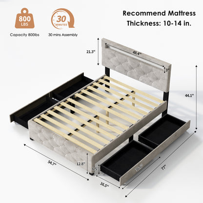 Upholstered Platform Storage Bed Frame With 4 Drawers And LED Light,No Box Spring Needed
