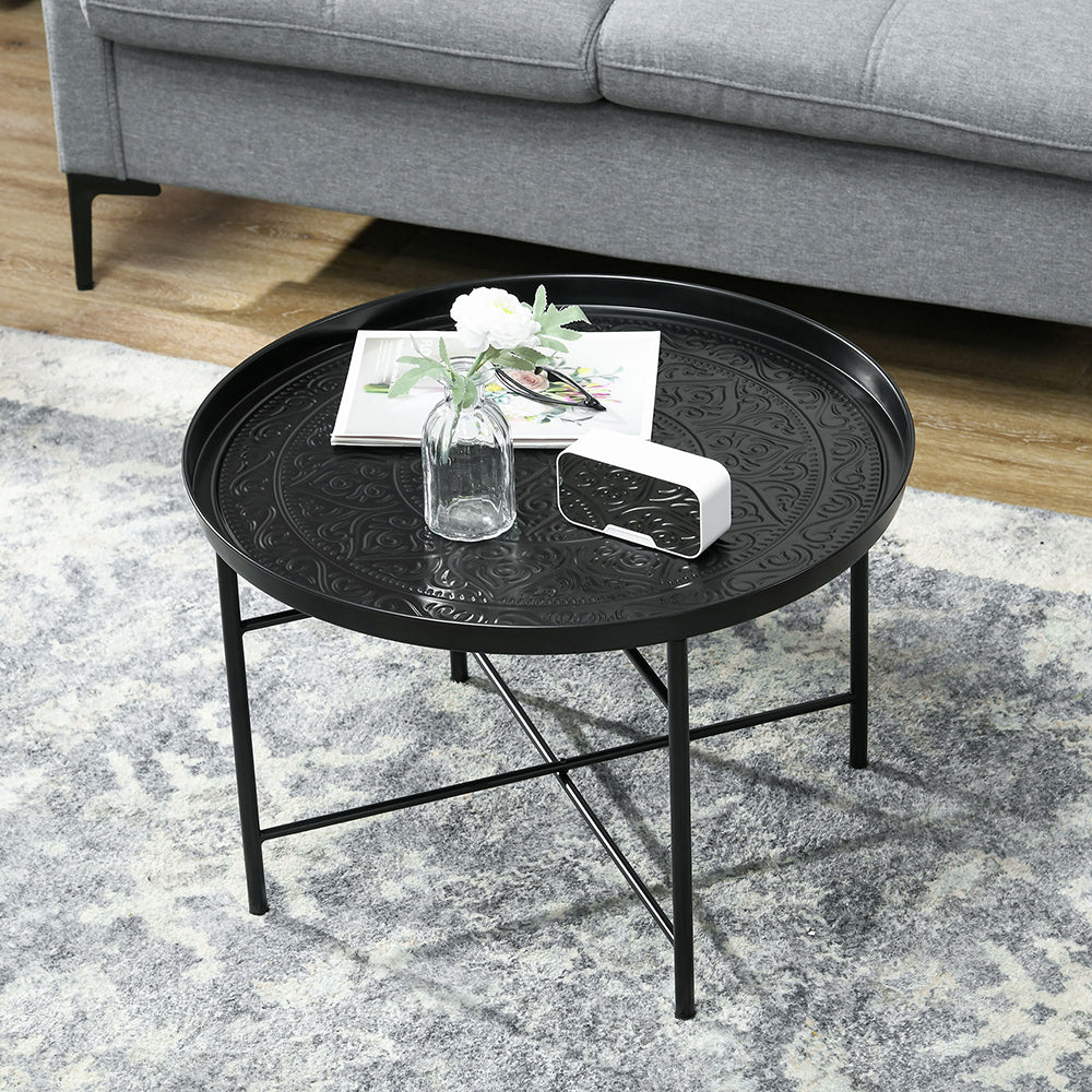 Coffee Table For Living Room, 24inch Round Center Table With Hammered Tray Top And Metal Frame For Bedroom, Black