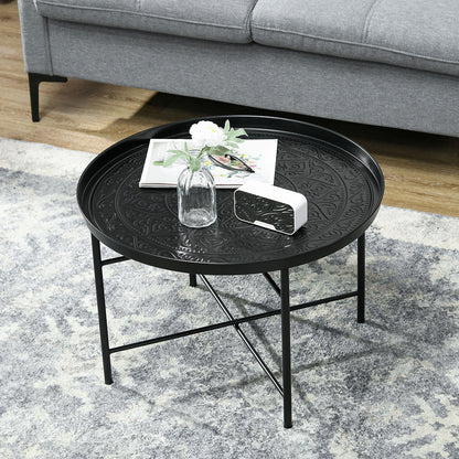 Coffee Table For Living Room, 24inch Round Center Table With Hammered Tray Top And Metal Frame For Bedroom, Black