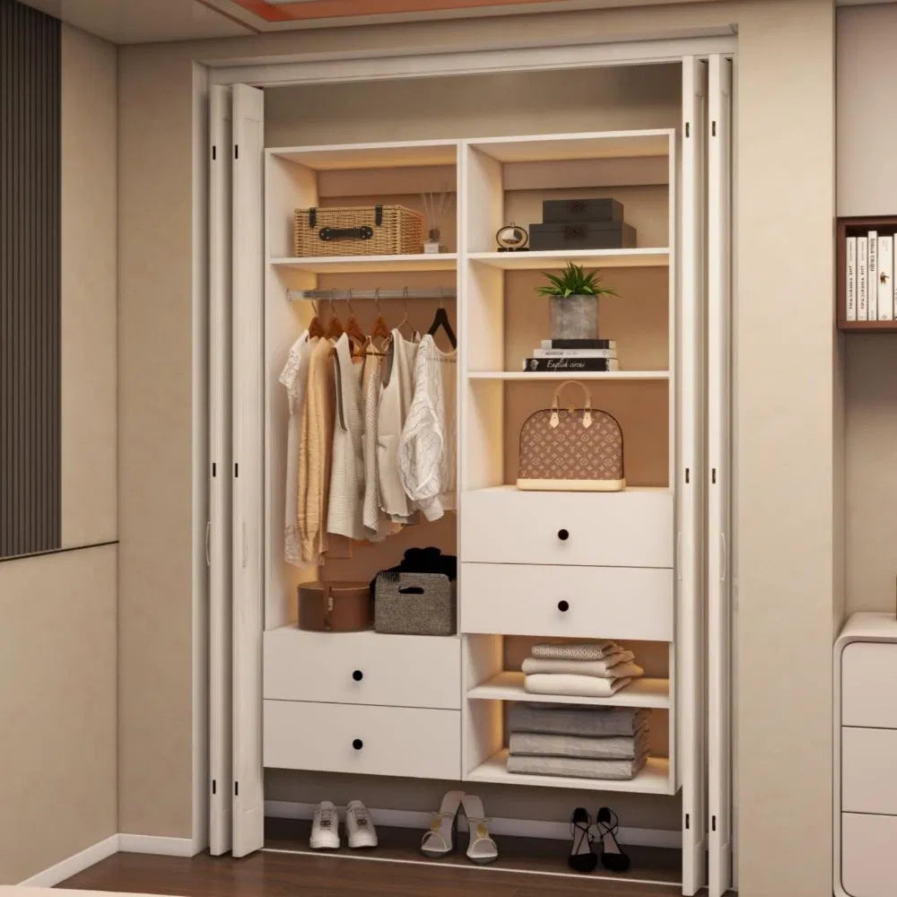 White Modular Closet System With Integrated Drawers