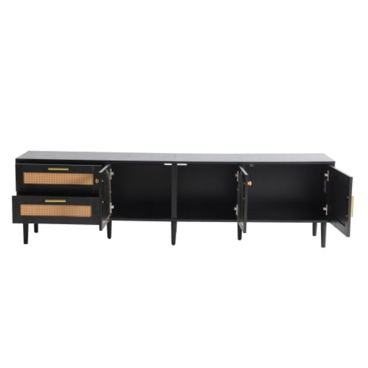 Rattan-Fernsehtisch mit 3 Schränken & 2 Schubladen, Rattan-inspirierte Medienkonsole für Fernseher bis zu 80 Zoll, LED-Licht-Unterhaltungszentrum, TV-Schrank für Wohnzimmer, Schlafzimmer, Heimkino