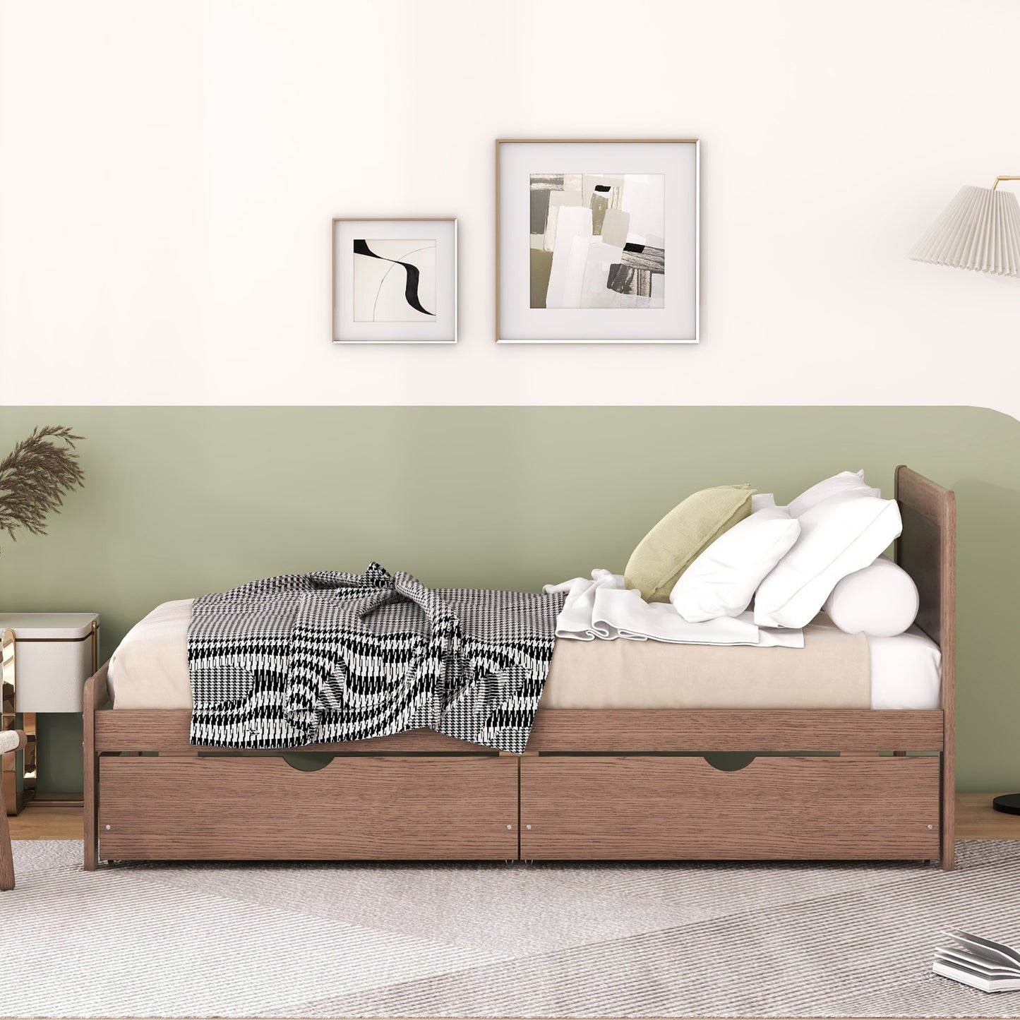Marco de Cama Plataforma de Tamaño Individual con Diseño Moderno y 2 Cajones para Color Nogal