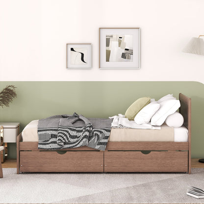 Marco de Cama Plataforma de Tamaño Individual con Diseño Moderno y 2 Cajones para Color Nogal