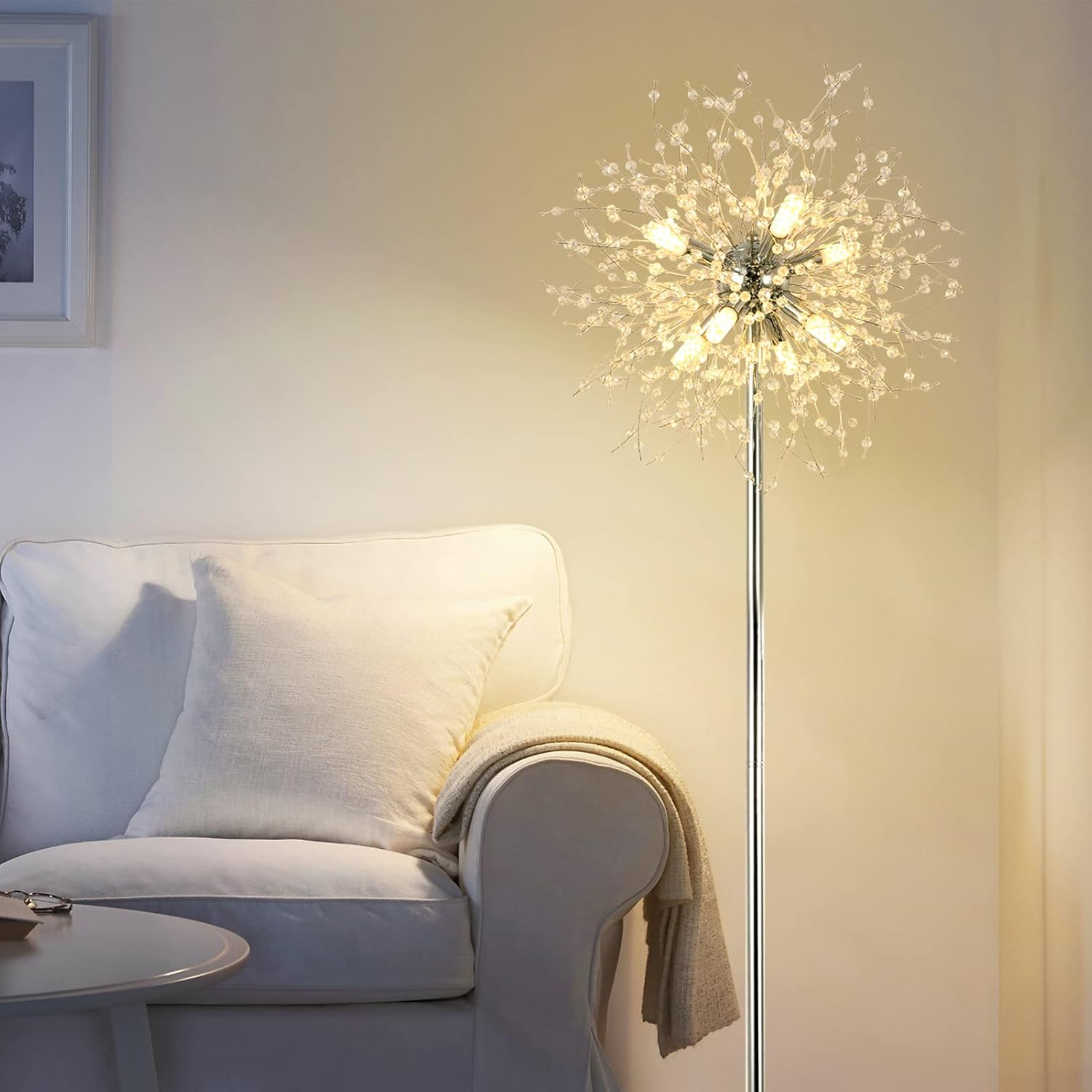 Lámpara de Pie de Cristal para Dormitorio,,Lámpara de Poste de 69 Pulgadas de Alto, Lámpara de Piso Decorativa para Habitación Moderna, Incluye 32 Suspensores de Cristal de Fuegos Artificiales, Acabado en Cromo Plataformas No Disponibles- Welfel