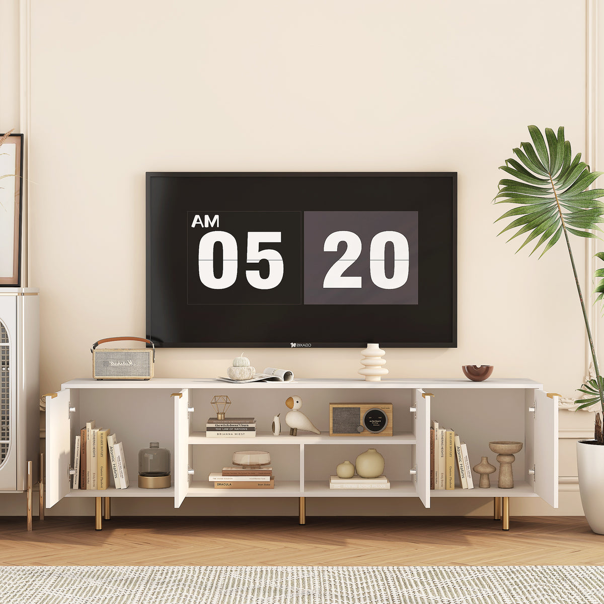 White Modern TV Stand Fluted T, Entertainment Center With Storage Doors, TV Console Media Cabinet, For 55 Inch TV, Living Room