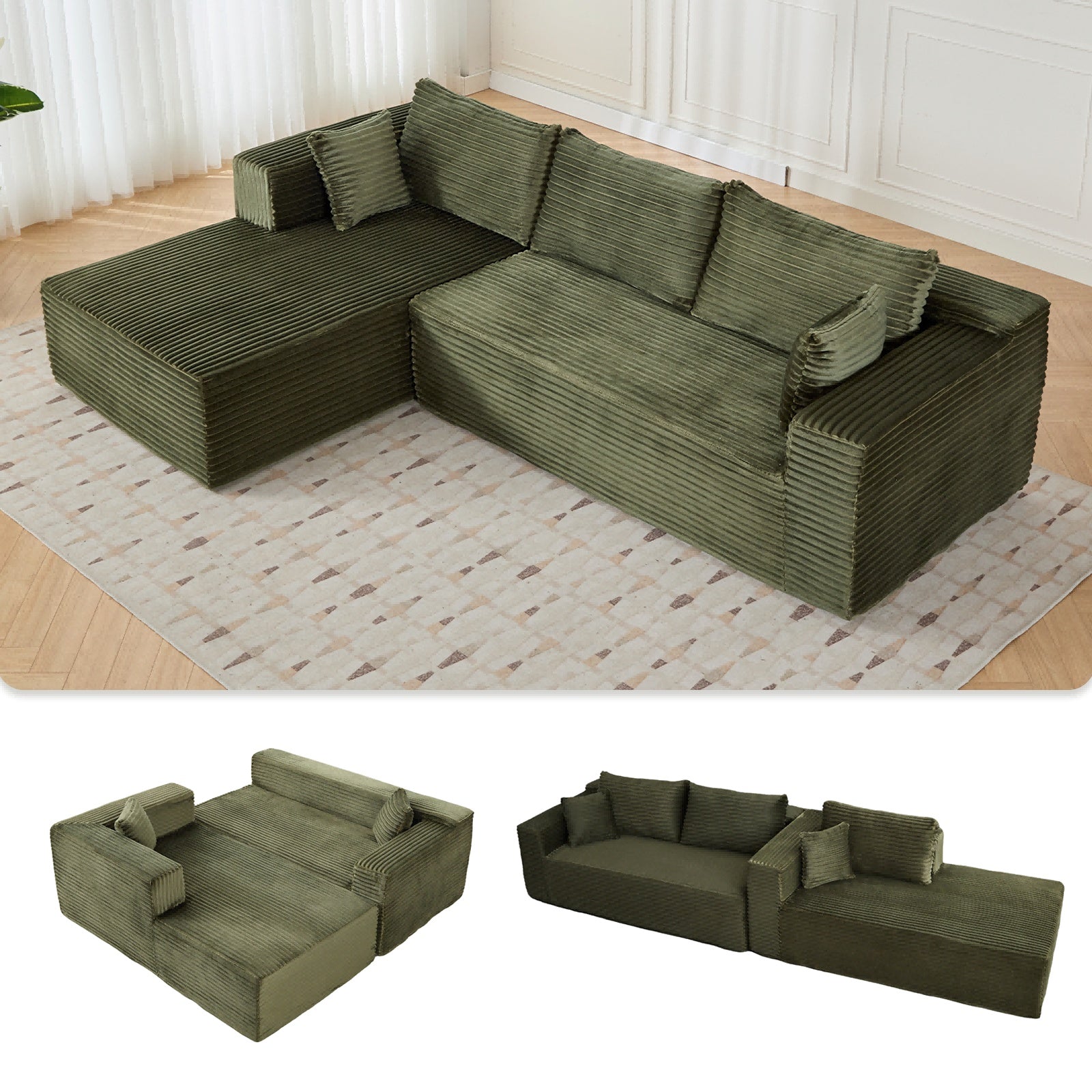 Sofá cama de compresión en forma de L con tela de pana - Sofá seccional convertible, sofá cama plegable para el suelo, salón tipo franela ahorrador de espacio para apartamentos pequeños, sala de estar y sala de juegos NO TUME