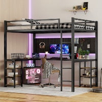 Cama Alta de Metal XL Completa con Escritorio y Estanterías, Cama Alta con Escalera y Barandales, Marco de Cama Alta para Dormitorio, Negro