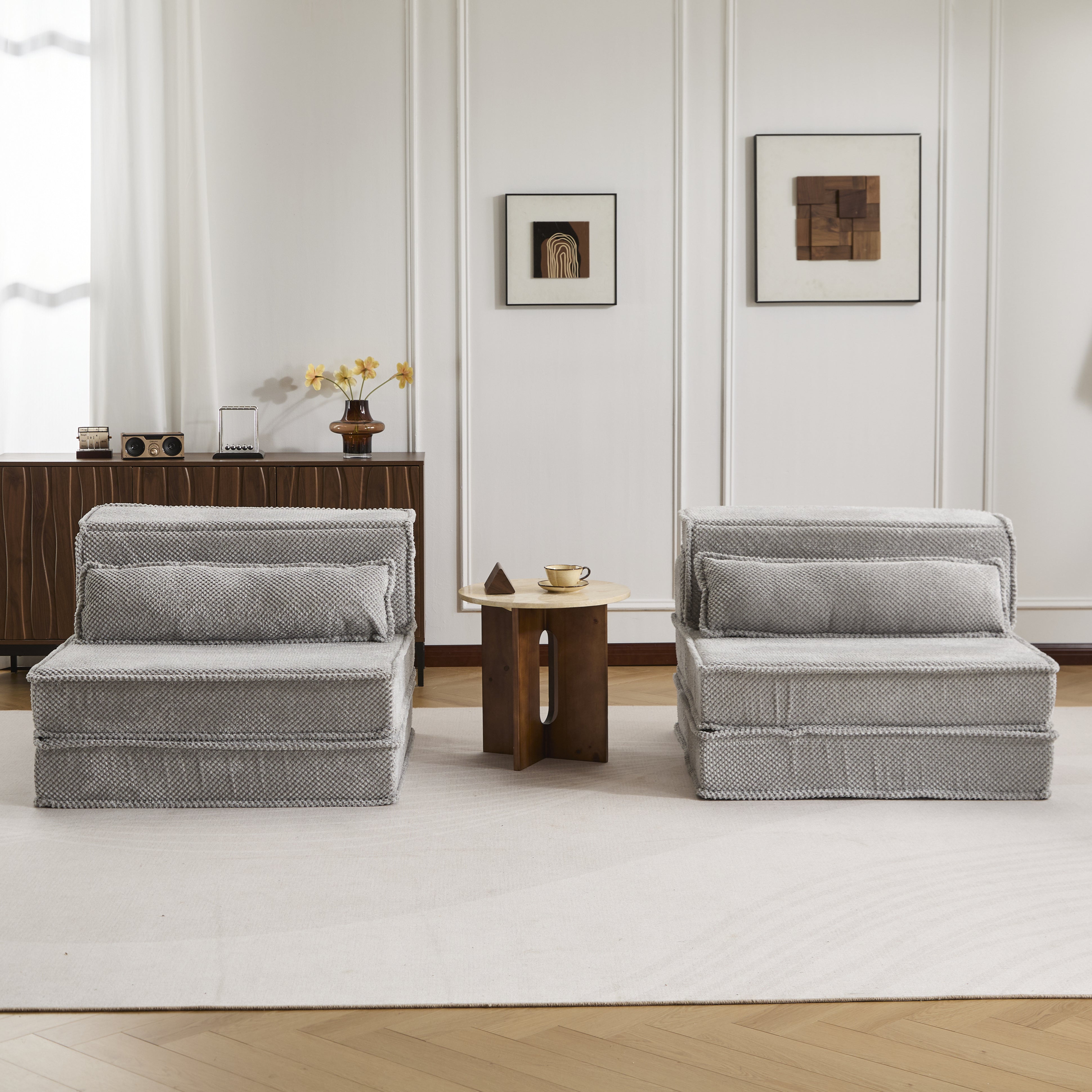 Sofá Mahjong de Compresión, Sofá Cama Convertible para el Suelo, Sofá Seccional Modular sin Huesos DIY, Sin Ensamblaje Requerido, Tejido de Lana de Círculo, Dos Plazas Sobredimensionado con 2 Almohadas, Gris Claro