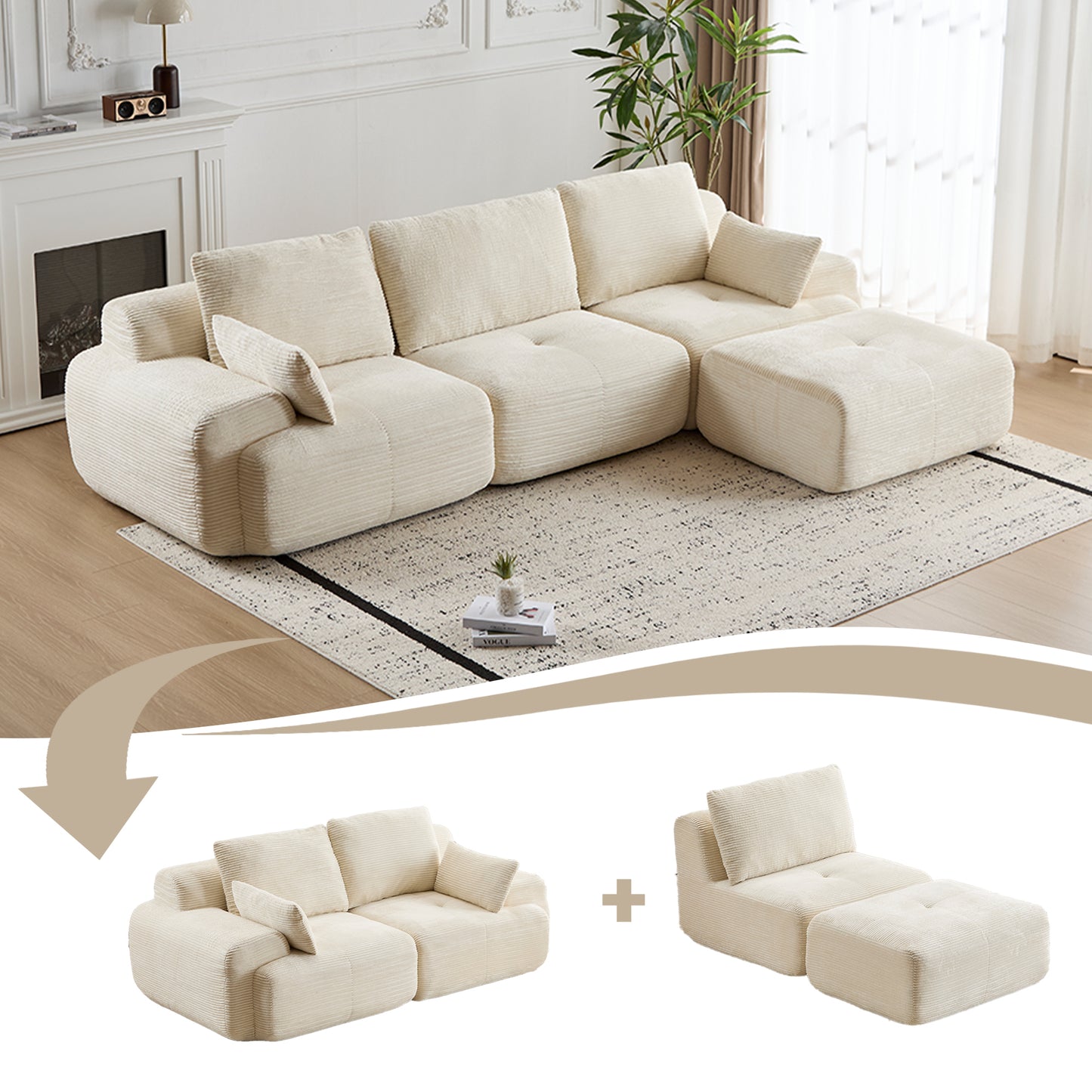 Modern Memory Foam Compressed Sofa,Large Sectional Couches For Living Room,Pet-Friendly Cloud Modular Sectional Sofa,Corduroy Fabric,Extra Deep Loveseat,No Assembly Required, BEIGE