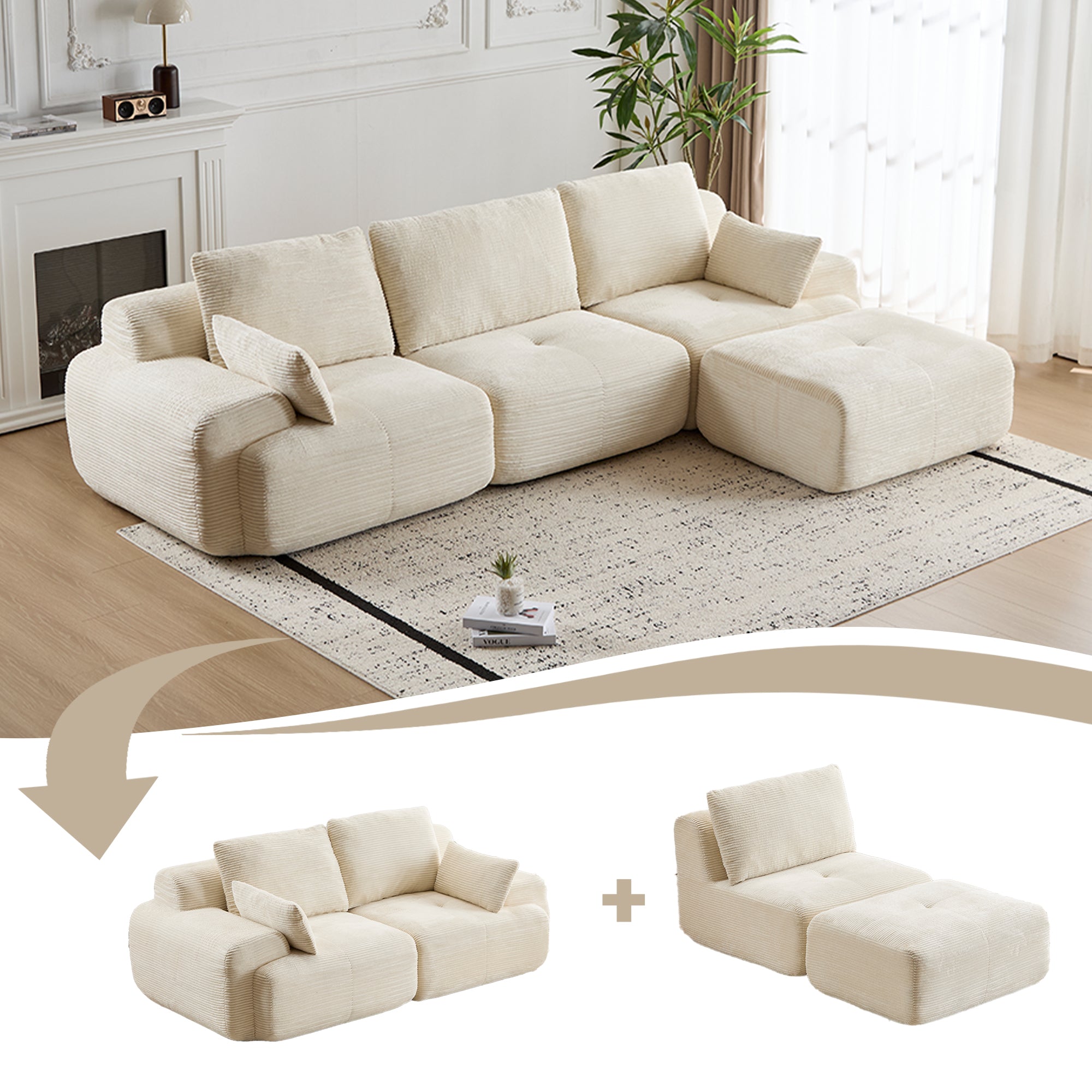 Beige Corduroy Sectional Sofa Memory Foam